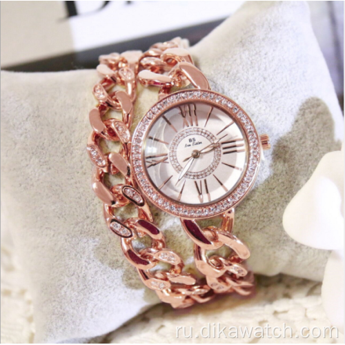 Новые популярные женские часы BS с двойной цепочкой и стразами в римском стиле, роскошные модные часы со стальным ремешком, украшенные бриллиантами, 1329